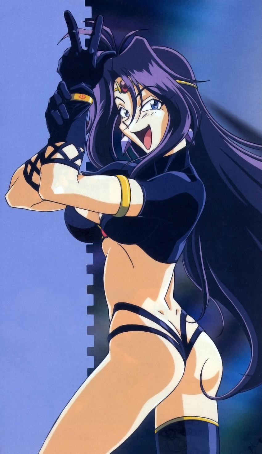 absurdres armlet artist_request ass blue_eyes bracelet breasts circlet cleavage cleavage_cutout crop_top earrings highres jewelry long_hair medium_breasts naga_the_serpent panties pose purple_hair revealing_clothes slayers solo thighhighs thong twisted_torso underwear v very_long_hair