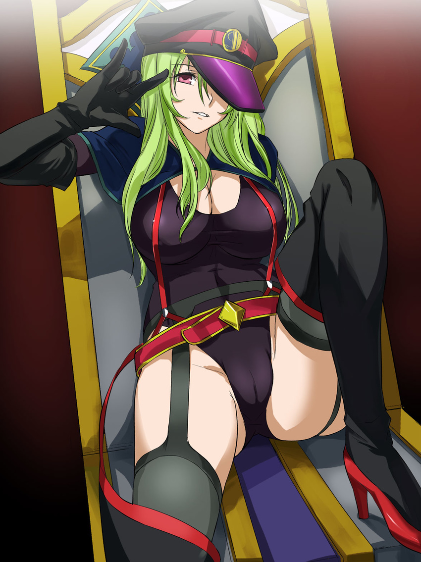boots breasts cameltoe elbow_gloves fura garter_belt gloves green_hair hat hat_over_one_eye high_heels highres kiraboshi_(star_driver) large_breasts legs long_hair peaked_cap shoes solo star_driver thigh_boots thighhighs thighs v_over_eye watanabe_kanako