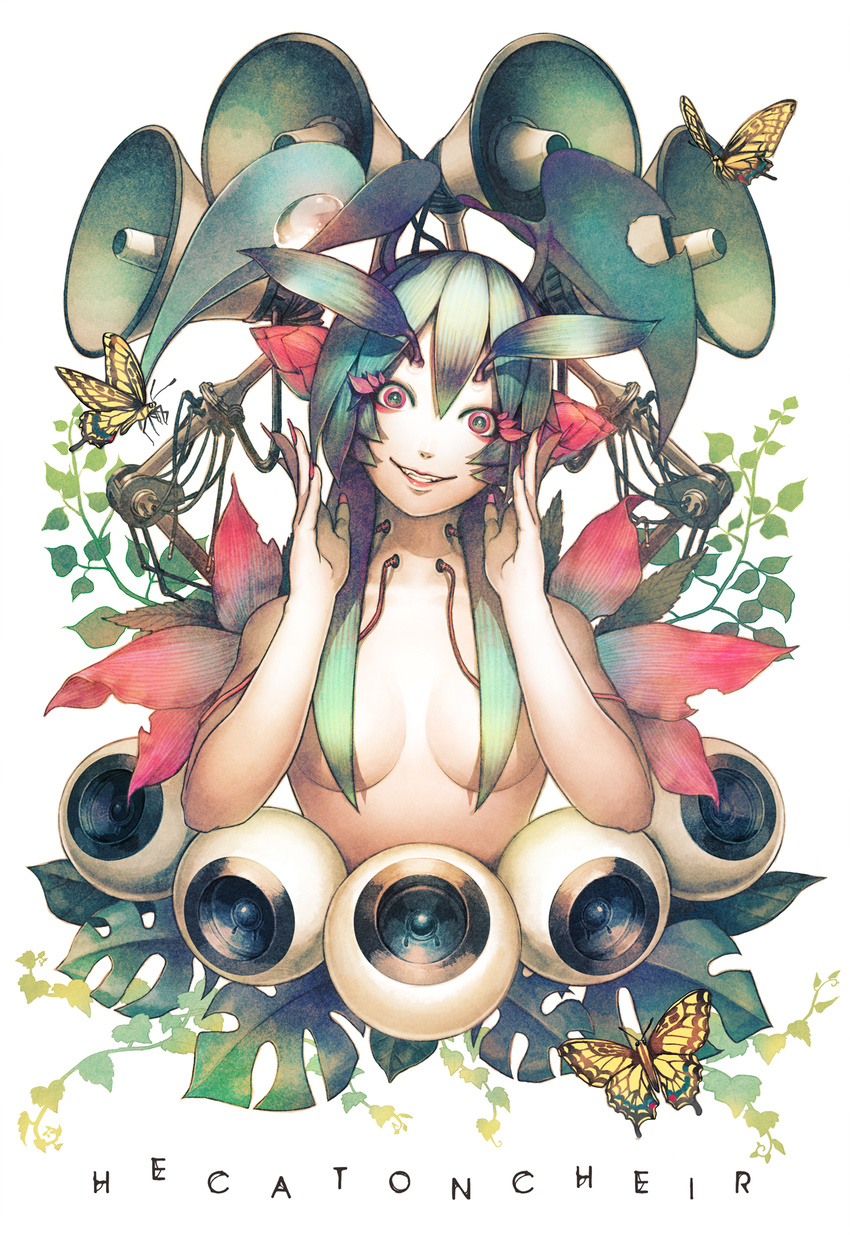 android bud bug butterfly censored convenient_censoring eyebrows eyelashes eyeshadow fangs fingernails flower grin head_tilt hecatoncheir highres insect juuden long_fingernails long_hair makeup nail_polish nude original personification pink_eyes smile solo speaker wide-eyed