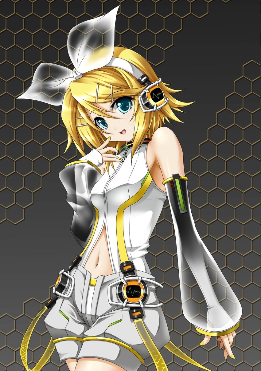 absurdres aqua_eyes arm_warmers bare_shoulders blonde_hair detached_sleeves hair_ornament hair_ribbon hairclip headphones hexagon highres kagamine_rin kagamine_rin_(append) nail_polish navel ribbon roura short_hair shorts smile solo vocaloid vocaloid_append