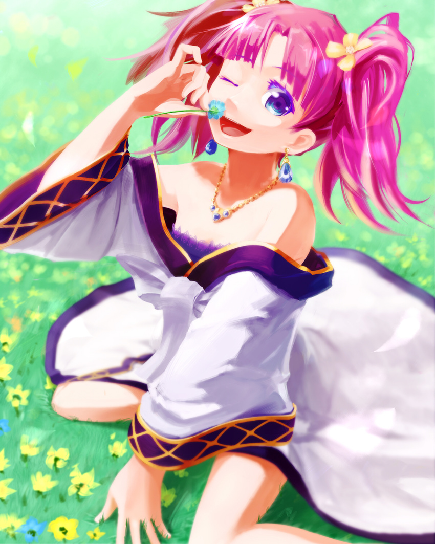 bad_id bad_pixiv_id bare_shoulders earrings flower fractale grass green_eyes hair_flower hair_ornament highres jewelry long_hair necklace nessa one_eye_closed open_mouth pemu red_hair sitting smile solo twintails wariza