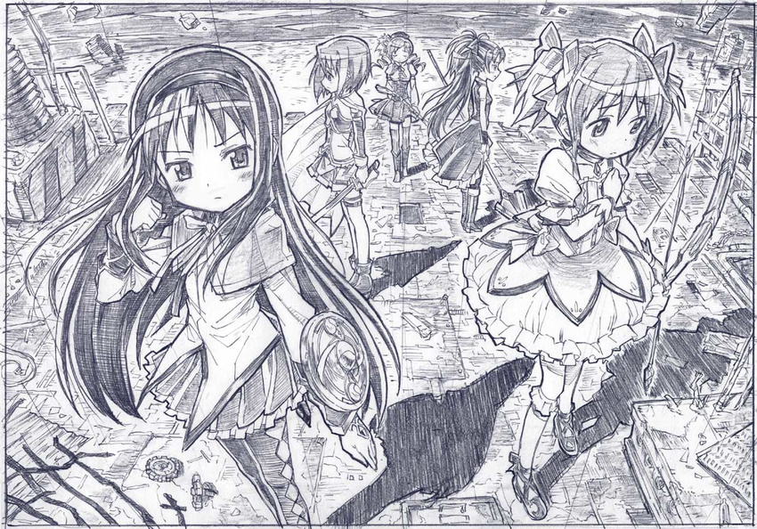 akemi_homura bow_(weapon) bubble_skirt graphite_(medium) greyscale gun jpeg_artifacts kaname_madoka magical_girl mahou_shoujo_madoka_magica miki_sayaka monochrome multiple_girls official_style pantyhose polearm rifle sakino_shingetsu sakura_kyouko shadow shield skirt spear sword tomoe_mami traditional_media weapon