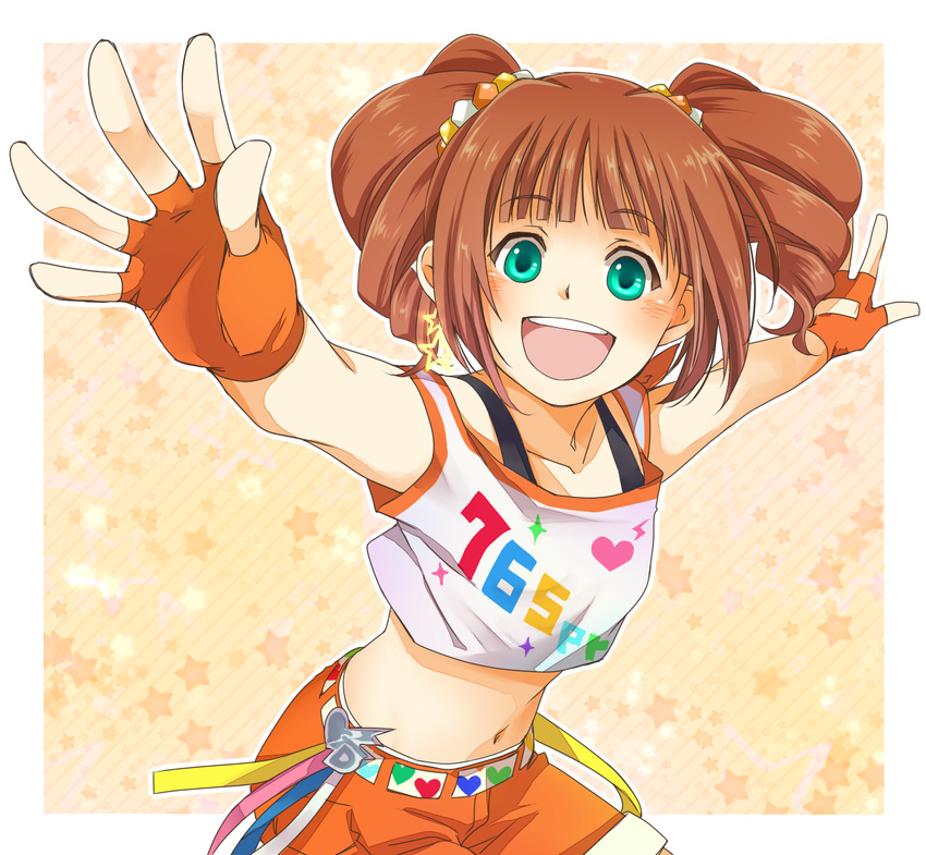 brown_hair fingerless_gloves gloves green_eyes highres idolmaster idolmaster_(classic) kashiwa_mochi_(tsuni) long_hair midriff perspective shorts solo street_hopper takatsuki_yayoi twintails