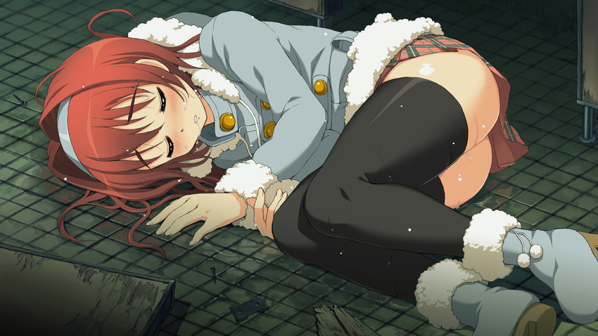 axanael blush fujimi_ena game_cg nitroplus red_hair thighhighs tsuji_santa wet