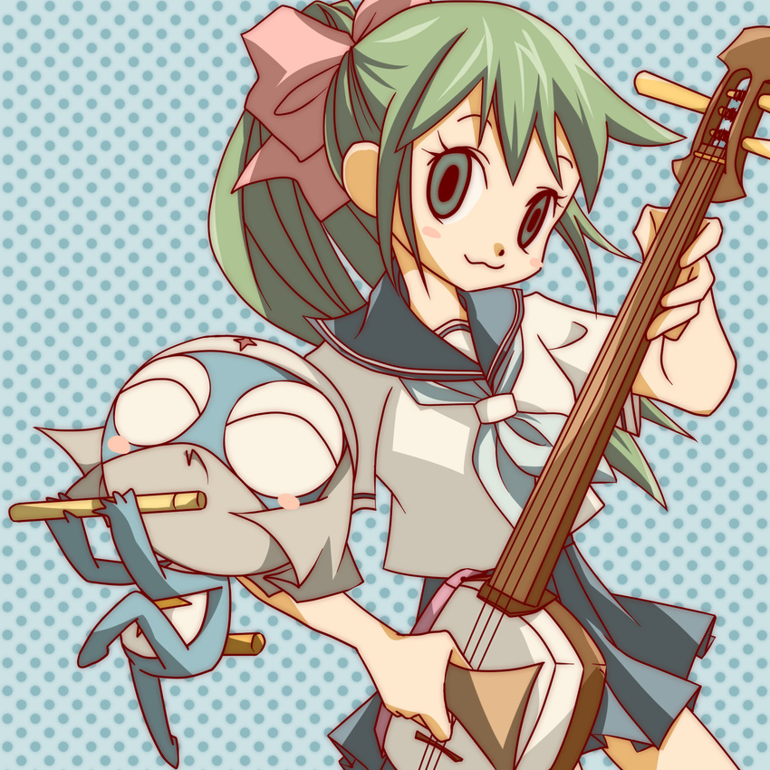 1girl :3 aqua_eyes azumaya_koyuki bow female flute green_hair highres instrument keroro_gunsou musical_instrument polka_dot school_uniform skirt