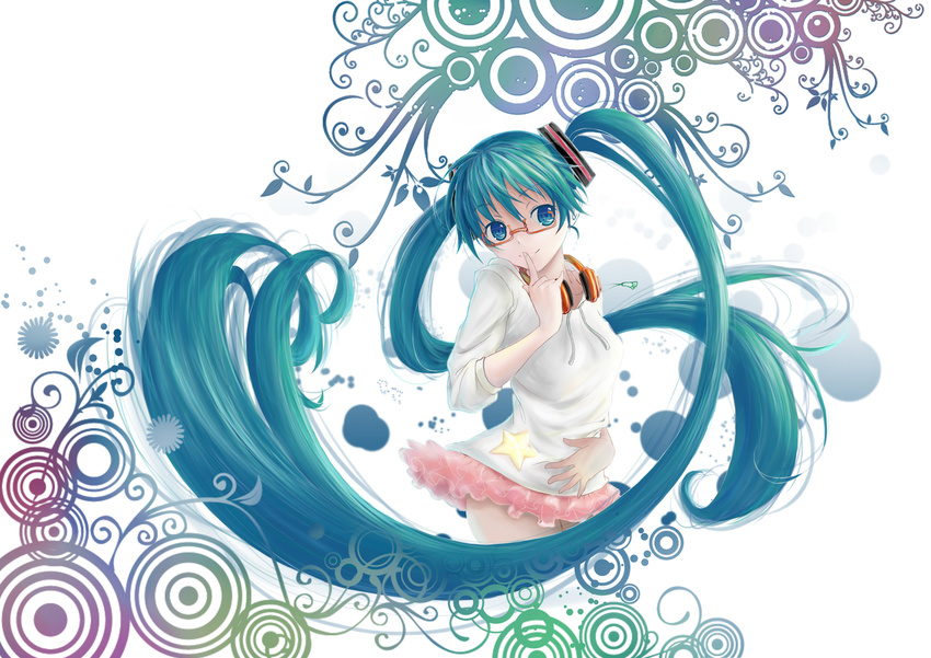 aqua_hair finger_to_mouth glasses hand_on_own_stomach hatsune_miku headphones headphones_around_neck highres hood hoodie long_hair project_diva_(series) project_diva_2nd sleeves_pushed_up smile sola7764 solo twintails very_long_hair vocaloid