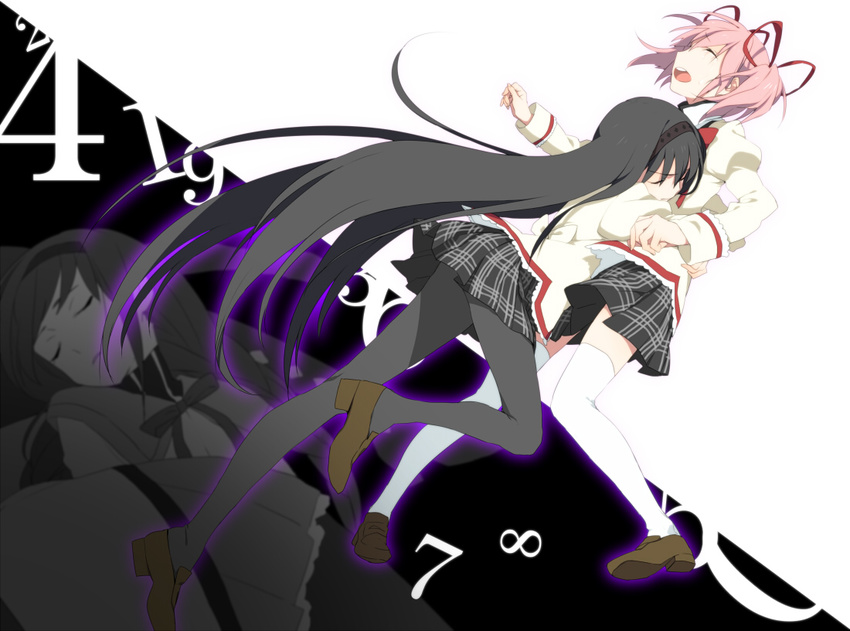 akemi_homura bad_id bad_pixiv_id black_hair black_legwear closed_eyes glomp hairband hug kaname_madoka long_hair mahou_shoujo_madoka_magica maruishi mitakihara_school_uniform multiple_girls number pantyhose pink_hair school_uniform short_hair thighhighs twintails very_long_hair white_legwear zettai_ryouiki