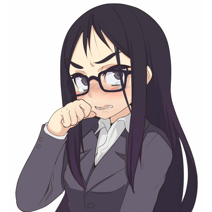 angry black_eyes black_hair blush formal glasses highres long_hair original oza_watto solo suit tears