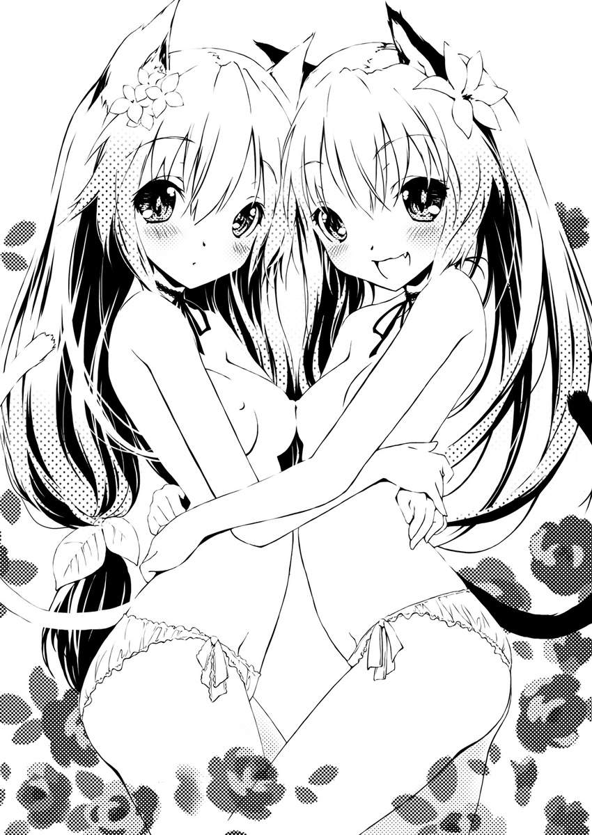 animal_ears arms_around_waist bad_id bad_pixiv_id blush breast_press breasts cat_ears cat_tail fang flower greyscale hair_flower hair_ornament highres hug lily_and_lilac long_hair looking_at_viewer monochrome multiple_girls neck_ribbon nipples open_mouth original panties ribbon saeki_touma side-tie_panties small_breasts smile symmetrical_docking tail topless underwear underwear_only yuri
