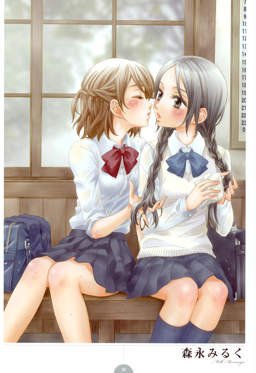 absurdres black_hair brown_eyes brown_hair highres morinaga_milk school_uniform seifuku yuri