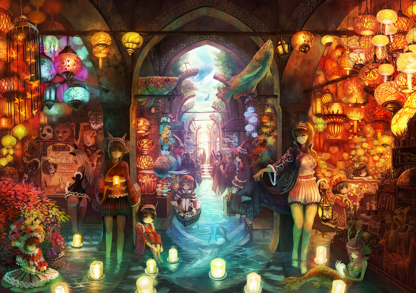 :o afloat_lantern animal_ears arch ass barefoot bird blonde_hair bloomers boat bonsai book brown_hair bug butterfly child clock colorful dolphin dragon dress fantasy fish flamingo flood flower flying_fish giraffe globe hat head_rest headband highres horns insect jellyfish lantern letter light_smile lights lily_pad long_hair love_letter mask mermaid minotaur monster_girl multiple_girls mushroom original panties paper_lantern petals plant pointy_ears potted_plant room scenery shop short_dress surreal treasure_chest underwear wading water watercraft wind_chime wizard_hat yoshiku_(oden-usagi)