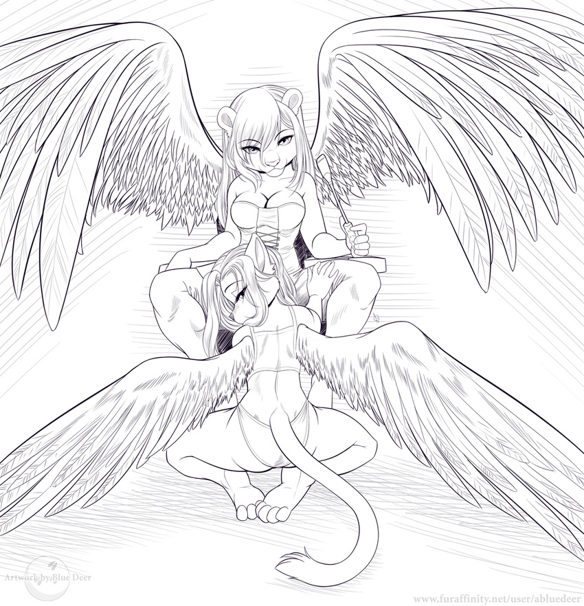 angel black_and_white breasts clothed clothing crop feline female kneeling looking_at_viewer mammal monochrome plain_background riding_crop skimpy suggestive tail throne underwear white_background wings