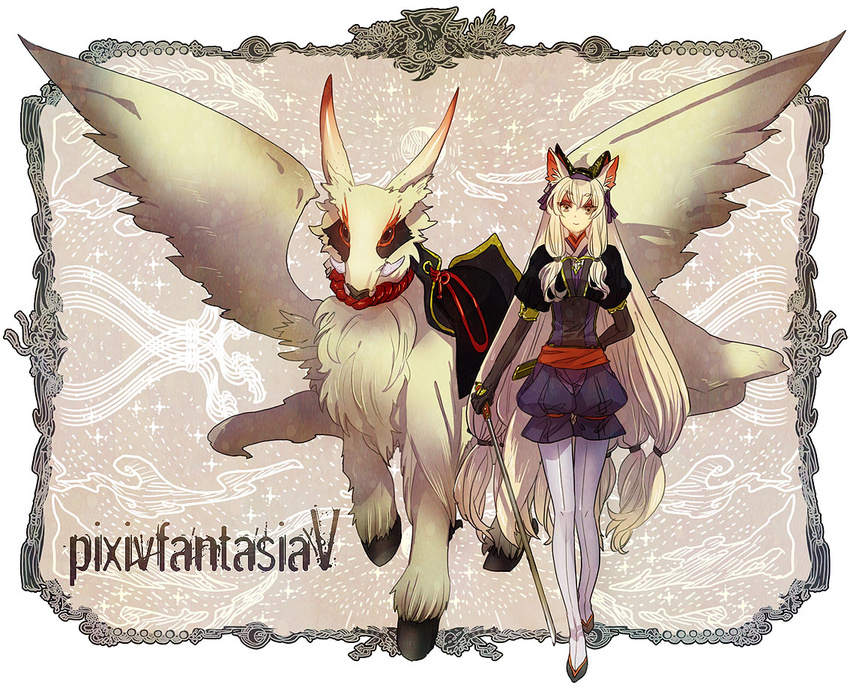 animal_ears creature kunimitsu long_hair pantyhose pixiv_fantasia pixiv_fantasia_5 standing sword tail weapon white_hair