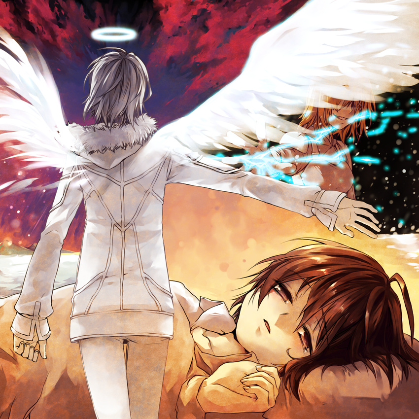 2girls accelerator bad_id bad_pixiv_id brown_eyes brown_hair coat electricity halo highres large_wings last_order misaka_worst multiple_girls scr.e to_aru_majutsu_no_index white_hair wings winter_clothes