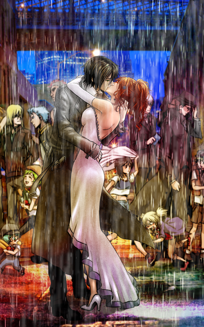 6+boys absurdres aizen_sousuke backless_dress backless_outfit billie black_hair bleach blurry character_request closed_eyes couple depth_of_field dress elbow_gloves gloves grimmjow_jaegerjaquez hetero highres hug ichimaru_gin inoue_orihime kiss kuchiki_rukia multiple_boys multiple_girls nelliel_tu_odelschwanck orange_hair rain sarugaki_hiyori trench_coat ulquiorra_cifer yylfordt_granz