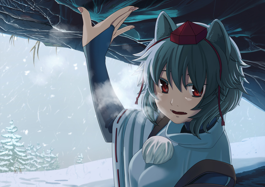 animal_ears arm_up breath bridal_gauntlets cave detached_sleeves fangs hat highres inubashiri_momiji open_mouth red_eyes short_hair silver_hair snow snowing solo takuzui tokin_hat touhou wolf_ears