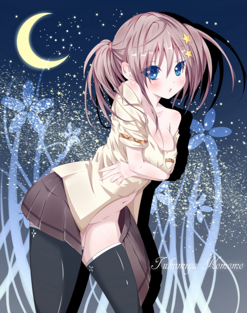 amatsuki_hotaru bare_shoulders black_legwear blush breasts brown_hair cleavage covering covering_breasts crescent_moon hair_ornament highres medium_breasts moon navel night no_bra no_panties open_mouth original ponytail solo star thighhighs