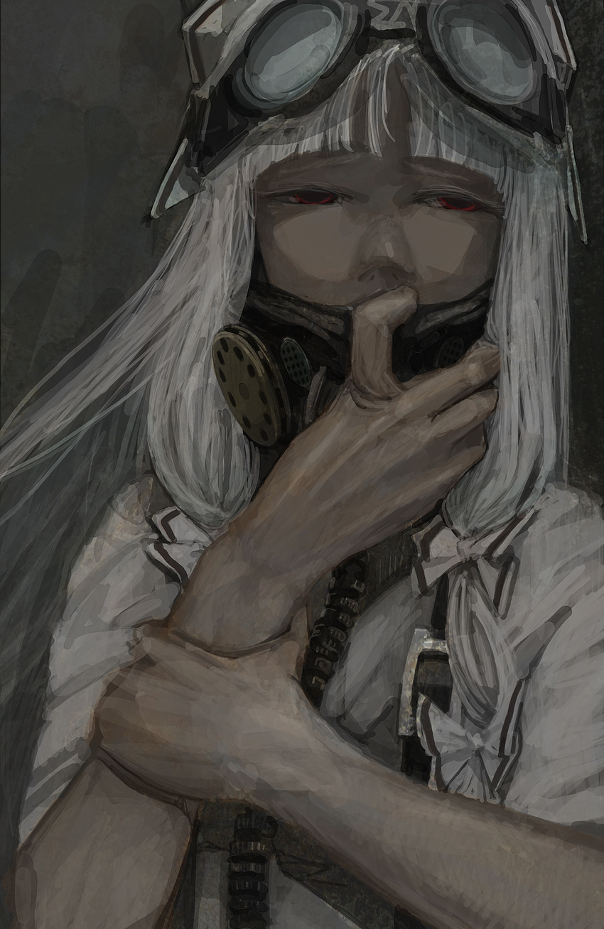 buckle close-up code-aa covering_mouth dark empty_eyes faux_traditional_media fujiwara_no_mokou goggles goggles_on_head grey hair_ribbon hands highres long_hair looking_away mask red_eyes respirator ribbon simple_background solo touhou tube upper_body white_hair wrist_grab