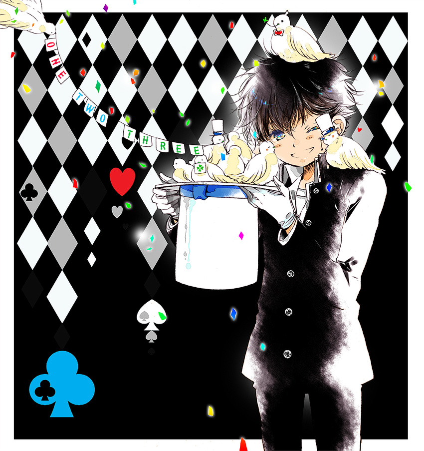 animal animal_on_head animal_on_shoulder bird bird_on_head bird_on_shoulder black black_hair blue_eyes bow bowtie card clothed_animal clover club_(shape) confetti cowboy_shot diamond_(shape) dove english four-leaf_clover gakuran gloves half-closed_eye happy hat hat_basket hat_removed headwear_removed heart highres holding holding_hat kaitou_kid kuroba_kaito looking_at_viewer magic_kaito magician male_focus meitantei_conan monocle mouth_hold nuzzle on_head open_mouth outside_border partially_unbuttoned placard playing_card red_bow school_uniform sign smile solo spade_(shape) string tennen_hz top_hat undershirt uneven_eyes white_gloves white_hat