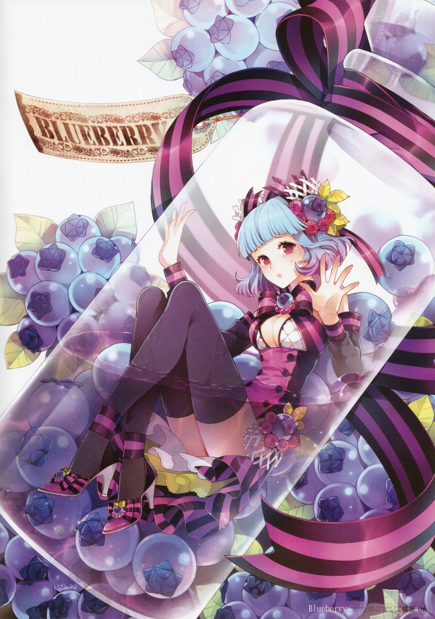 absurdres bangs bare_shoulders black_legwear blue_hair blueberry blueberry_hair_ornament blunt_bangs blush bottle bow breasts cleavage detached_sleeves dress flower food food_as_clothes food_themed_hair_ornament fruit hair_flower hair_ornament hair_ribbon hands high_heels highres in_bottle in_container in_food medium_breasts minigirl nardack open_mouth original red_eyes ribbon shoes short_hair sitting skirt solo tears thighhighs wet