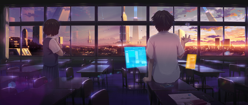 1girl building cityscape classroom cloud floating_screen from_behind highres holographic_monitor holographic_touchscreen isai_shizuka megastructure original scenery school school_uniform science_fiction sky skyscraper space_elevator space_fountain sunset window