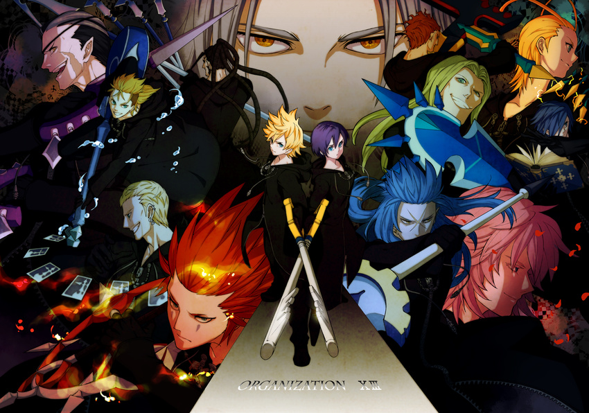 6+boys axel_(kingdom_hearts) bad_id bad_pixiv_id black_coat_(kingdom_hearts) black_hair blonde_hair blue_eyes blue_hair book brown_hair card chakram danbo_(symbols) dark_skin demyx earrings eyepatch floating_card green_eyes grey_hair instrument jewelry keyblade kingdom_hearts kingdom_hearts_358/2_days larxene lexaeus luxord marluxia multiple_boys multiple_girls organization_xiii pink_hair pointy_ears ponytail red_hair roxas saix scar shield sitar vexen weapon white_hair xaldin xemnas xigbar xion_(kingdom_hearts) yellow_eyes zexion