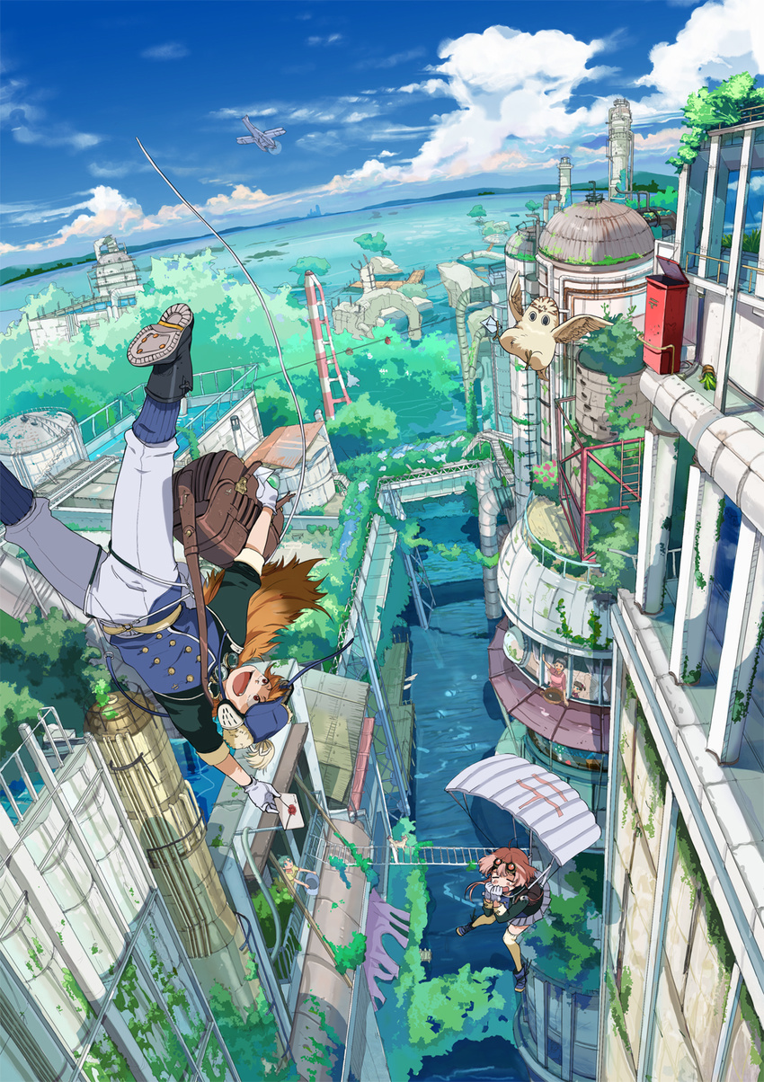 4girls aircraft airplane ayatoki bird cloud day falling goggles goggles_on_head highres horizon letter mailman multiple_girls original outdoors overgrown owl parachute plant potted_plant scenery sky water