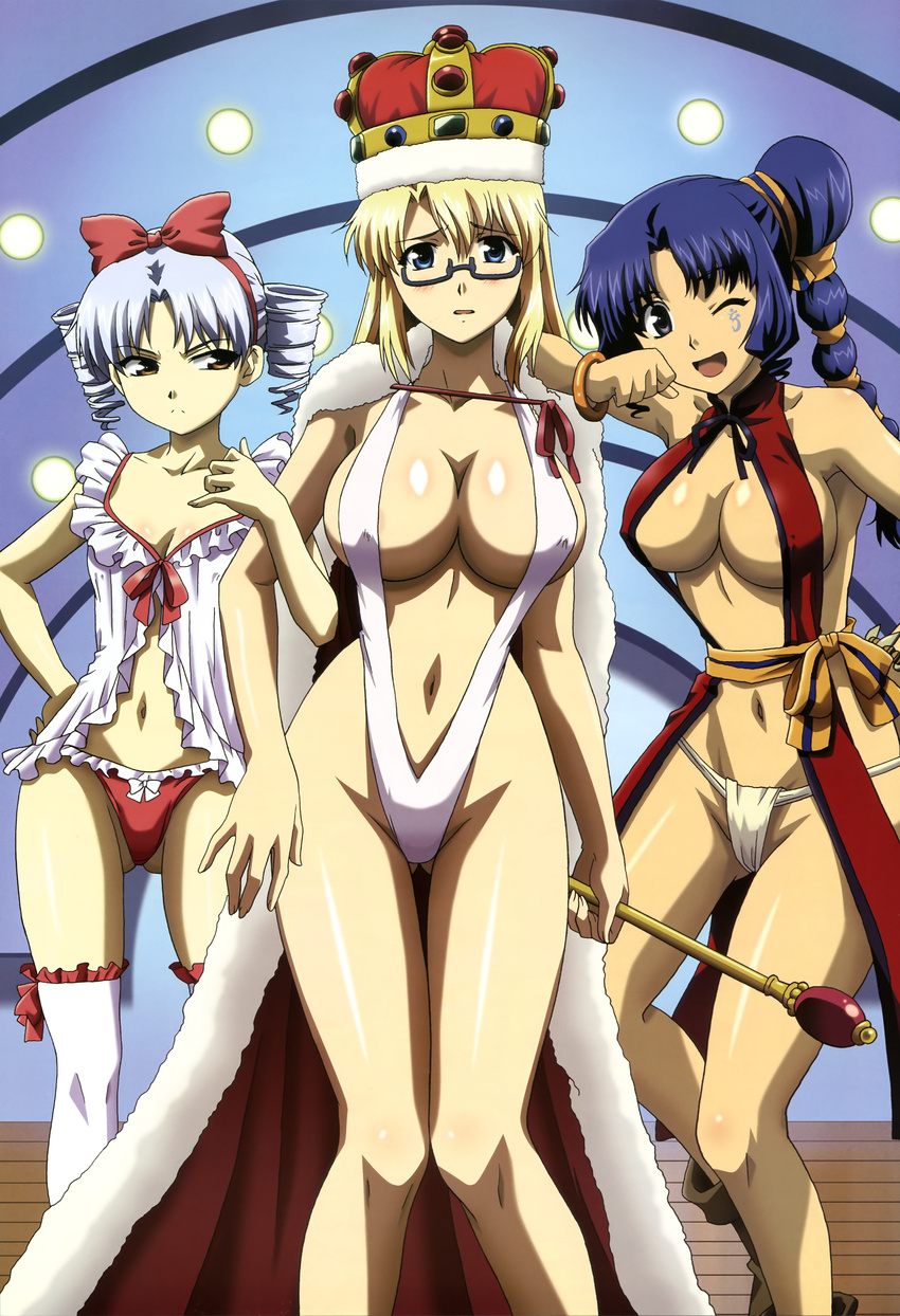 absurdres ass_visible_through_thighs atia_simmons babydoll blonde_hair blue_eyes blue_hair blush bow bracelet braid breast_envy breasts chinese_clothes cleavage crown drill_hair freezing fundoshi glasses groin hair_bow highres japanese_clothes jealous jewelry kneehighs lana_rinchen large_breasts legs long_hair long_legs looking_at_breasts miyata_naomi multiple_girls navel nyantype official_art one_eye_closed open_mouth panties ponytail revealing_clothes robe rod royal_robe satellizer_el_bridget scepter short_hair silver_hair slingshot_swimsuit smile swimsuit thighs twin_drills twintails underwear
