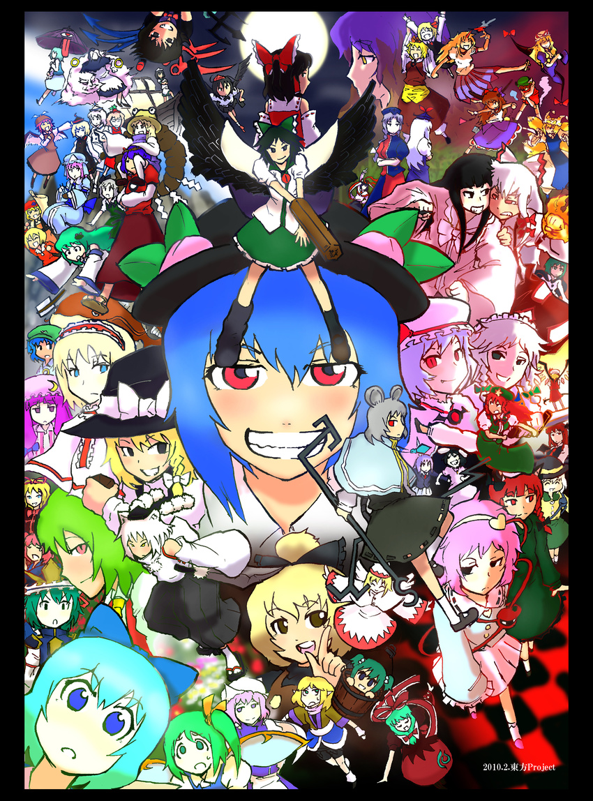 &gt;_&lt; ^_^ absurdres aki_minoriko aki_shizuha alice_margatroid animal_ears arm_cannon asymmetrical_wings bat_wings black_eyes black_hair blazer blonde_hair blue_eyes blue_hair bow braid brown_hair bucket bunny_ears cape capelet cat_ears chen cirno closed_eyes crescent cup daiyousei detached_sleeves dowsing_rod earrings eating elbow_gloves everyone eyeball fairy fang fire flandre_scarlet food fox_tail front_ponytail fruit fujiwara_no_mokou full_moon gap gloves gradient_hair green_eyes green_hair grey_hair grin hair_bobbles hair_bow hair_ornament hair_ribbon hair_tubes hairband hakurei_reimu hat head_wings heart highres hijiri_byakuren hinanawi_tenshi hong_meiling horn horn_ribbon horns hoshiguma_yuugi houjuu_nue houraisan_kaguya ibuki_suika in_bucket in_container inaba_tewi inubashiri_momiji izayoi_sakuya jacket jewelry kaenbyou_rin kagiyama_hina kamishirasawa_keine karakasa_obake kawashiro_nitori kazami_yuuka kirisame_marisa kisume koakuma kochiya_sanae komeiji_koishi komeiji_satori konpaku_youmu kumoi_ichirin kurodani_yamame lavender_hair letty_whiterock lily_white long_hair lunasa_prismriver lyrica_prismriver maid maid_headdress medicine_melancholy merlin_prismriver mizuhashi_parsee moon moriya_suwako mouse_ears mouse_tail multicolored_hair multiple_girls multiple_tails murasa_minamitsu mystia_lorelei nagae_iku namazu nazrin necktie nurse_cap onozuka_komachi oriental_umbrella outstretched_arms patchouli_knowledge peach pink_hair pointy_ears polearm purple_eyes purple_hair red_eyes red_hair reisen_udongein_inaba reiuji_utsuho remilia_scarlet ribbon rod_of_remorse rope rumia saigyouji_yuyuko sakazuki saturday_night_fever scarf shameimaru_aya shiki_eiki shimenawa short_hair side_ponytail silver_hair skirt smile sonjow4 suspenders sword tail tatara_kogasa thighhighs third_eye tokin_hat tongue toramaru_shou touhou triangular_headpiece trident twin_braids two_side_up umbrella unzan weapon white_hair white_legwear windowboxed wings witch_hat wolf_ears wriggle_nightbug yagokoro_eirin yakumo_ran yakumo_yukari yasaka_kanako yellow_eyes