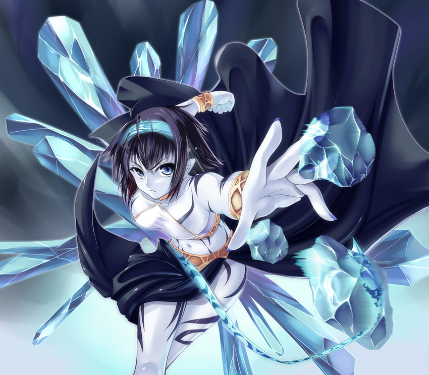 black_hair blue_eyes celsius_(tales) hairband highres ice leaning_forward midriff navel nksk pointy_ears short_hair solo tales_of_(series) tales_of_symphonia tattoo