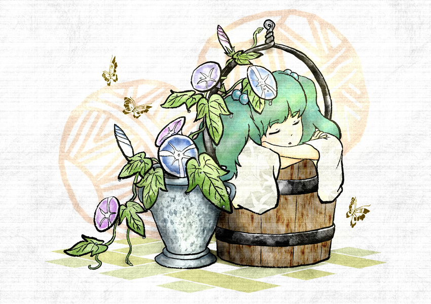 absurdres bucket flower_pot green_hair highres ikkaku in_bucket in_container kisume sleeping solo touhou