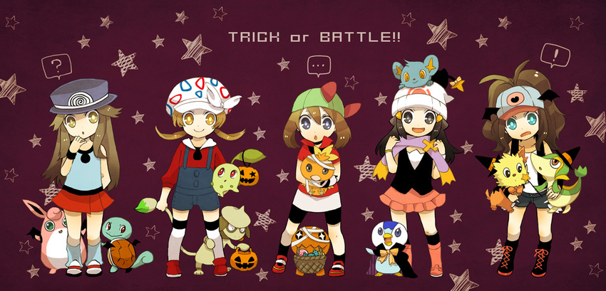 ... 5girls :d :o ? bandana baseball_cap basket bat_wings bike_shorts black_hair blue_(pokemon) blue_eyes brown_eyes brown_hair buzz cabbie_hat candy cape chikorita cosplay drifblim drifblim_(cosplay) food gen_1_pokemon gen_2_pokemon gen_3_pokemon gen_4_pokemon gen_5_pokemon halloween haruka_(pokemon) hat hikari_(pokemon) holding jack-o'-lantern kotone_(pokemon) lillipup long_hair mouth_hold multiple_girls open_mouth overalls piplup pokemon pokemon_(creature) pokemon_(game) pokemon_bw pokemon_dppt pokemon_emerald pokemon_frlg pokemon_hgss pokemon_rse poliwag poliwag_(cosplay) ponytail pumpkin purple_background ralts ralts_(cosplay) scarf shinx short_twintails shorts skirt smeargle smile snivy squirtle standing star starry_background themed_object thighhighs togepi togepi_(cosplay) torchic touko_(pokemon) trapinch trick_or_treat twintails wand wigglytuff wings witch_hat woobat woobat_(cosplay)