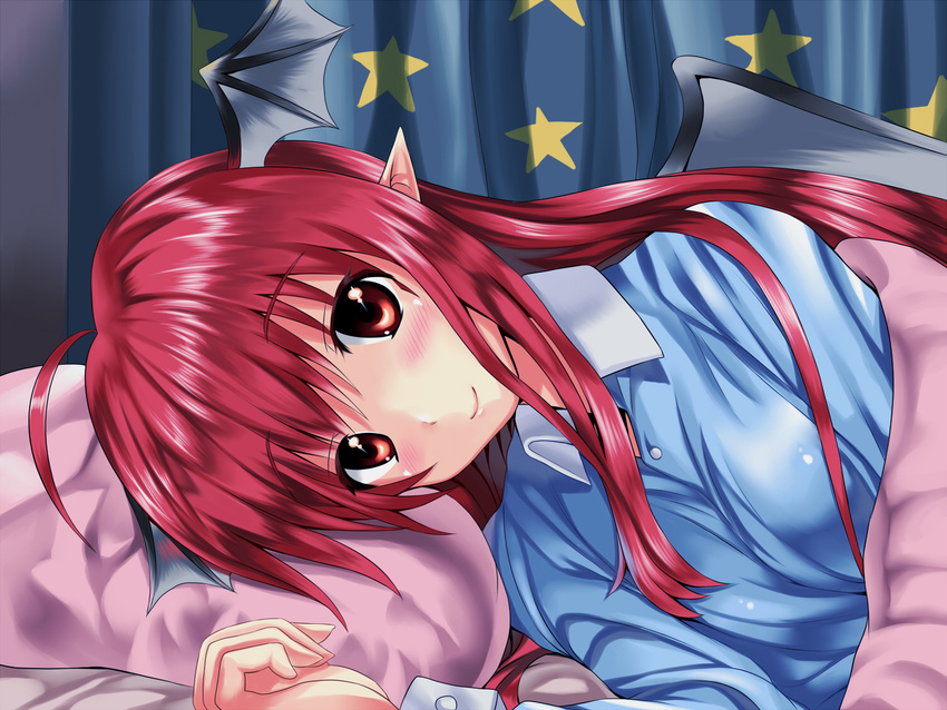 afterglow aldehyde alternate_costume bad_id bad_pixiv_id bat_wings bed blanket blush face head_wings koakuma long_hair looking_at_viewer lying on_side pajamas pillow pointy_ears red_eyes red_hair smile solo touhou under_covers wings