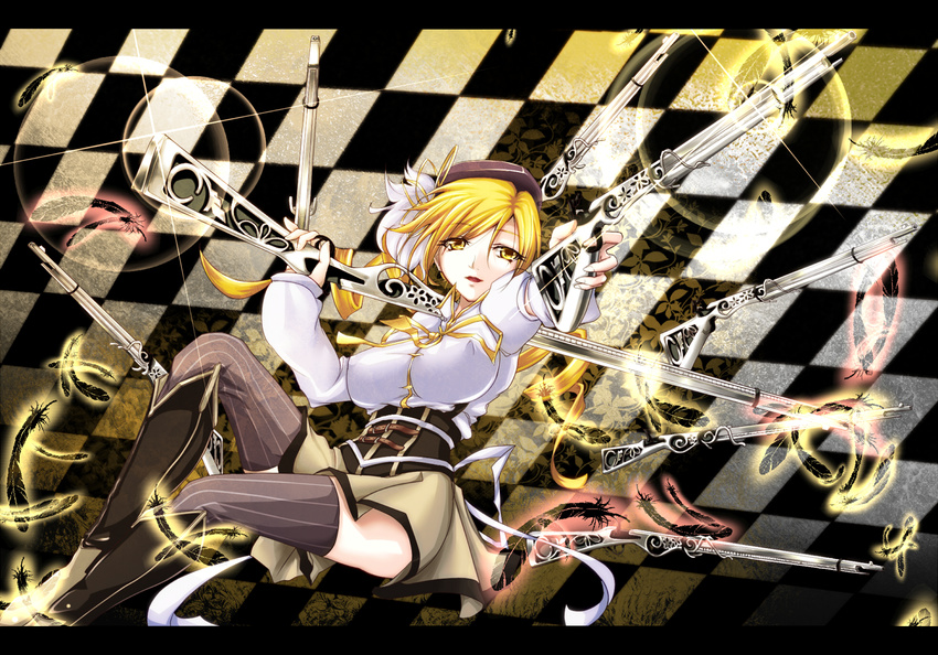 amgetd black_feathers blonde_hair breasts checkered checkered_background covered_nipples drill_hair gun hat large_breasts letterboxed magical_girl magical_musket mahou_shoujo_madoka_magica rifle solo striped striped_legwear thighhighs tiles tomoe_mami twin_drills twintails weapon yellow_eyes zettai_ryouiki