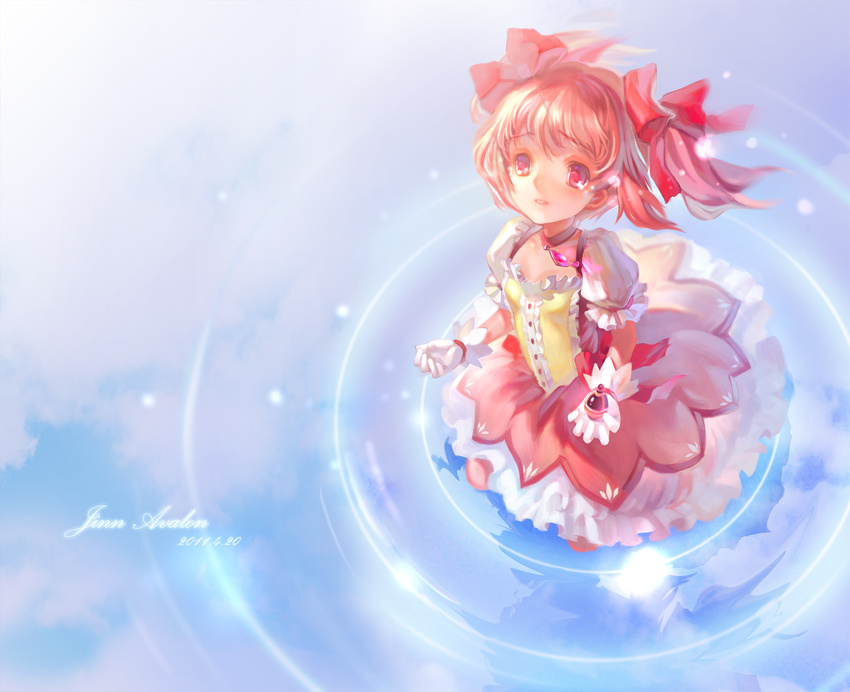 2011 artist_name bow bubble_skirt dated gloves hair_bow highres jewelry jinn_avalon kaname_madoka magical_girl mahou_shoujo_madoka_magica necklace pink_eyes pink_hair pink_skirt skirt solo soul_gem twintails white_gloves