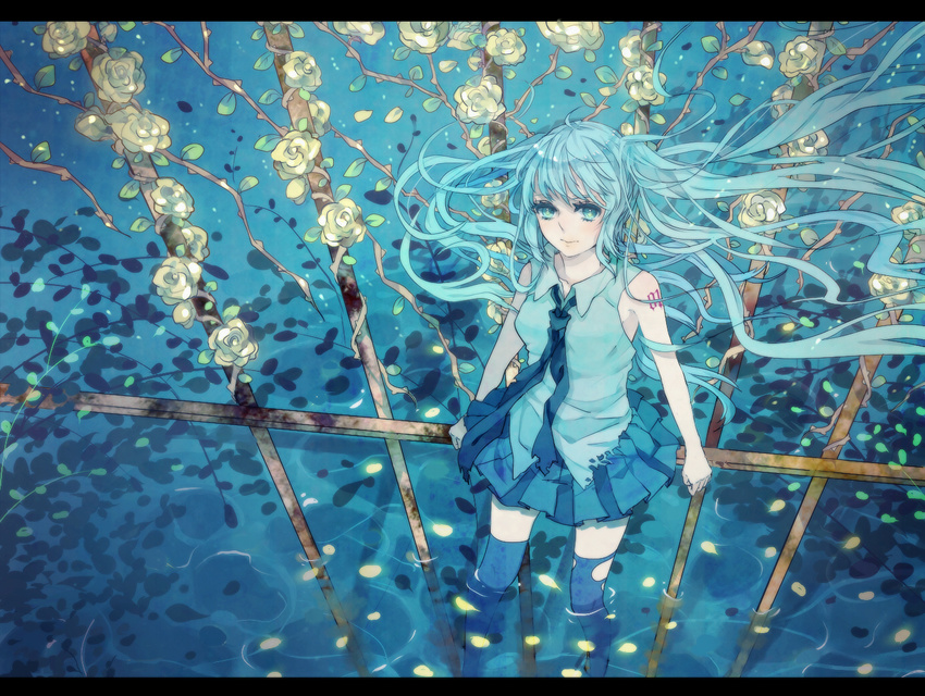 aqua_eyes aqua_hair flower from_above hatsune_miku long_hair necktie petals ranpak rose skirt smile solo thighhighs twintails very_long_hair vocaloid water yellow_flower yellow_rose zettai_ryouiki