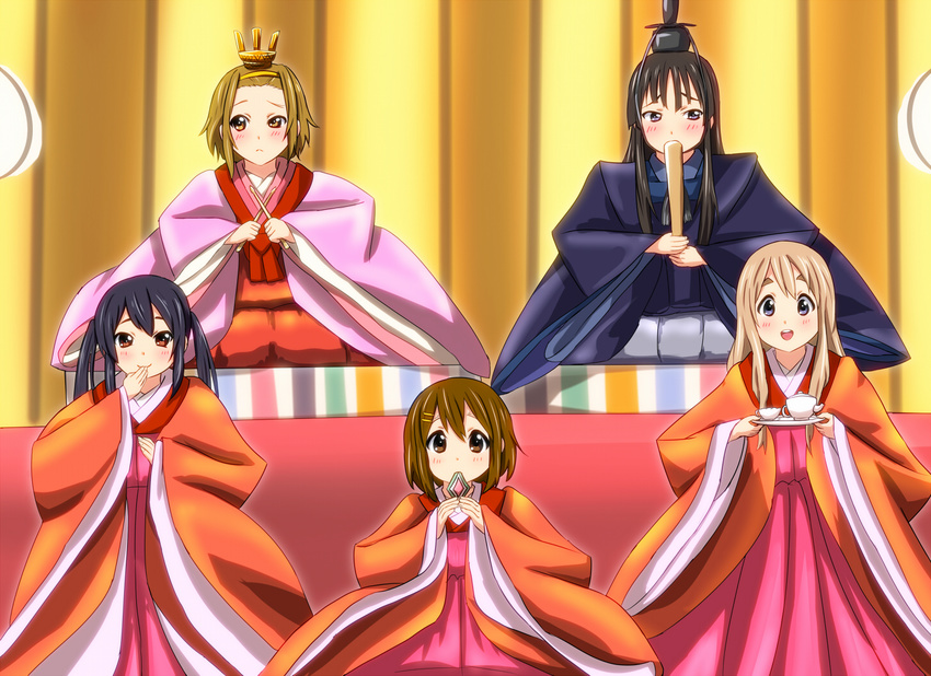 akiyama_mio black_hair blonde_hair blue_eyes brown_eyes brown_hair cosplay diesel-turbo drumsticks hat hina_ningyou hinamatsuri hirasawa_yui japanese_clothes k-on! kimono kotobuki_tsumugi layered_clothing layered_kimono multiple_girls nakano_azusa ritual_baton saishi tainaka_ritsu tate_eboshi tea_set