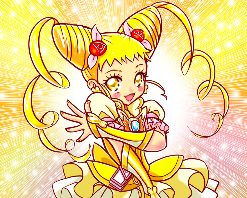 :d blonde_hair blush bow brooch cure_lemonade curly_hair double_bun earrings eyelashes flower gloves hair_flower hair_ornament hair_ribbon happy jewelry kasugano_urara_(yes!_precure_5) long_hair magical_girl omochi100ko open_mouth precure ribbon skirt smile solo sparkle twintails yellow yellow_background yellow_eyes yellow_skirt yes!_precure_5