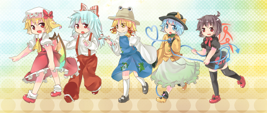 black_hair blonde_hair blue_eyes flandre_scarlet fujiwara_no_mokou houjuu_nue komeiji_koishi moriya_suwako multiple_girls red_eyes silver_hair soiri_(us) stage_connection thighhighs touhou yellow_eyes