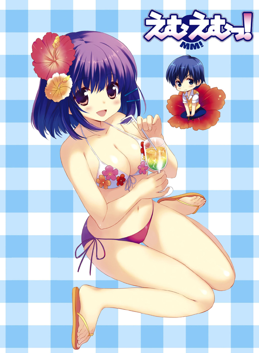 1girl bikini breasts brown_eyes chibi cleavage drink flower front-tie_top hibiscus highres medium_breasts miniboy mismatched_bikini mm! purple_hair qp:flapper sado_tarou sandals short_hair side-tie_bikini sitting swimsuit tropical_drink wariza yuuno_arashiko