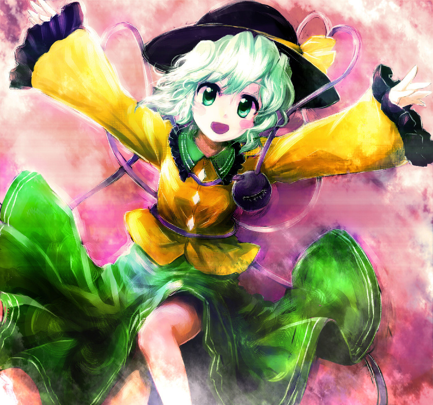 \o/ arms_up blush blush_stickers eyeball faux_traditional_media green_eyes green_hair hat heart heart_of_string highres ikamagu komeiji_koishi leg_up looking_at_viewer open_mouth outstretched_arms short_hair smile solo spread_arms third_eye touhou