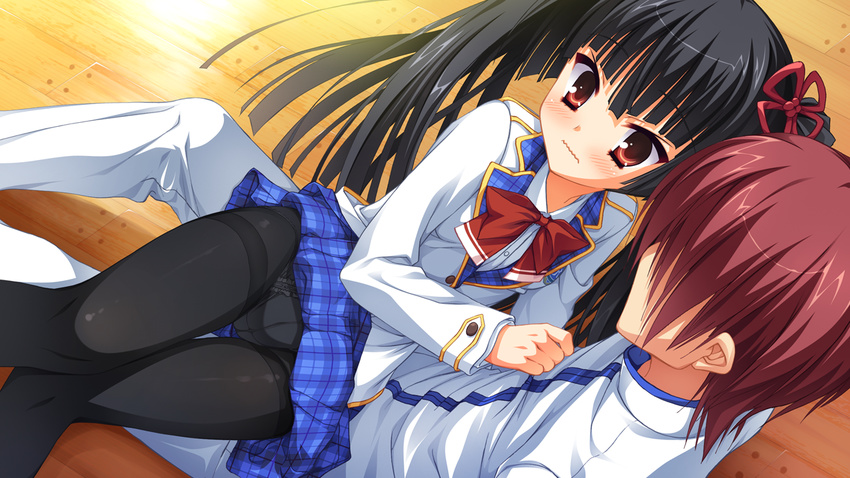 1girl black_hair black_legwear blazer blush brown_eyes game_cg hair_ribbon jacket kobuichi legs masamune_shizuru muririn noble_works panties panties_under_pantyhose pantyhose plaid plaid_skirt ribbon school_uniform sitting sitting_on_lap sitting_on_person skirt thighband_pantyhose thighs twintails underwear wavy_mouth wooden_floor