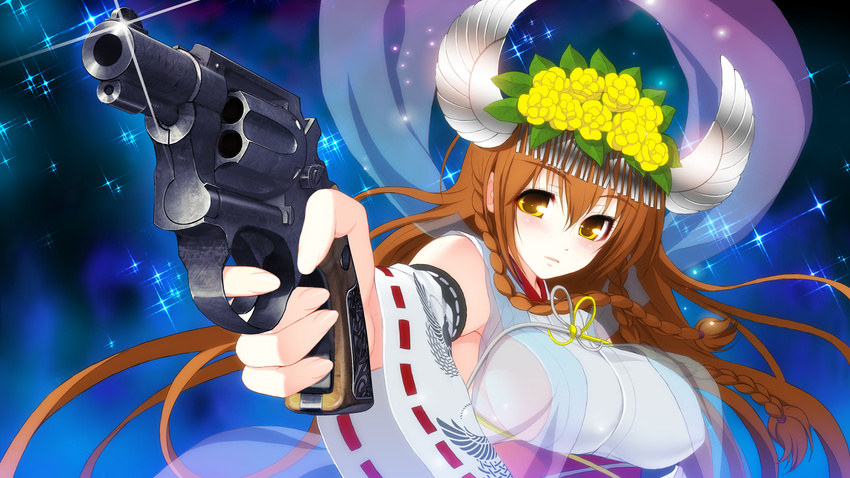 axanael brown_hair game_cg gun mizuha_(axanael) nitroplus tsuji_santa weapon