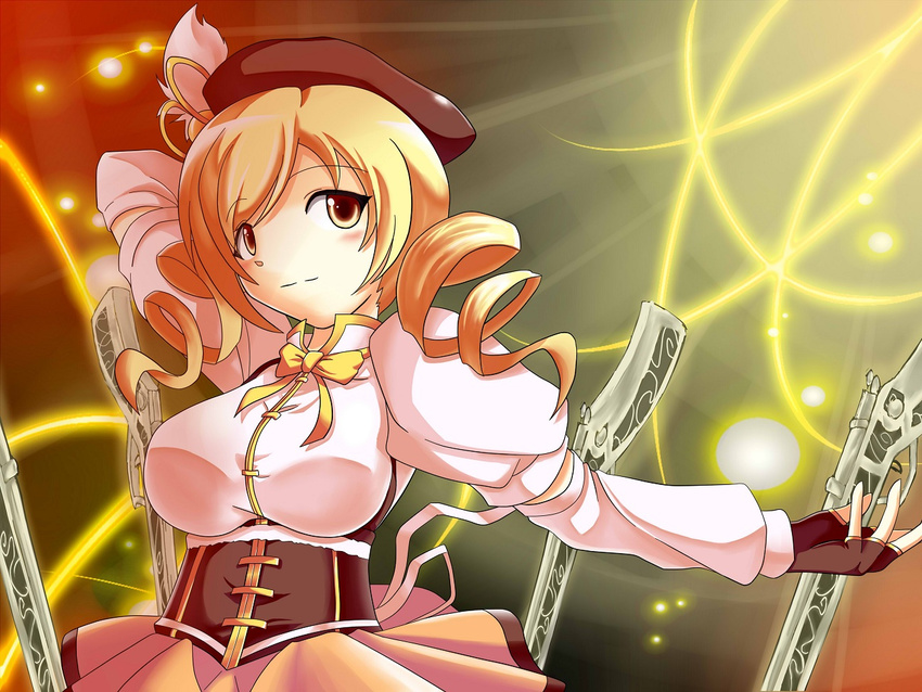 beret blonde_hair breasts corset detached_sleeves drill_hair fingerless_gloves gloves gun hair_ornament hand_behind_head hat large_breasts light_particles magical_girl magical_musket mahou_shoujo_madoka_magica pleated_skirt puffy_sleeves rifle s.s shirt skirt smile solo taut_clothes taut_shirt tomoe_mami weapon yellow_eyes