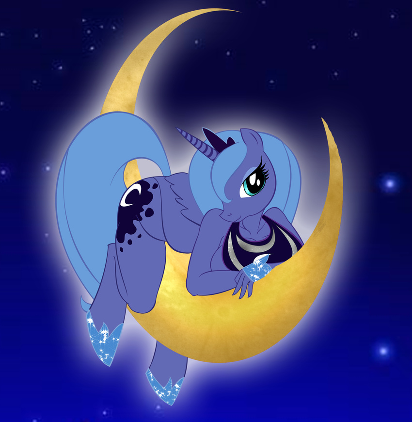 anthrofied blue_body blue_eyes blue_hair breasts crown cutie_mark drago-flame equine female friendship_is_magic hair hooves horn horse looking_at_viewer mammal moon my_little_pony princess princess_luna_(mlp) royalty shoes solo stars unicorn winged_unicorn wings