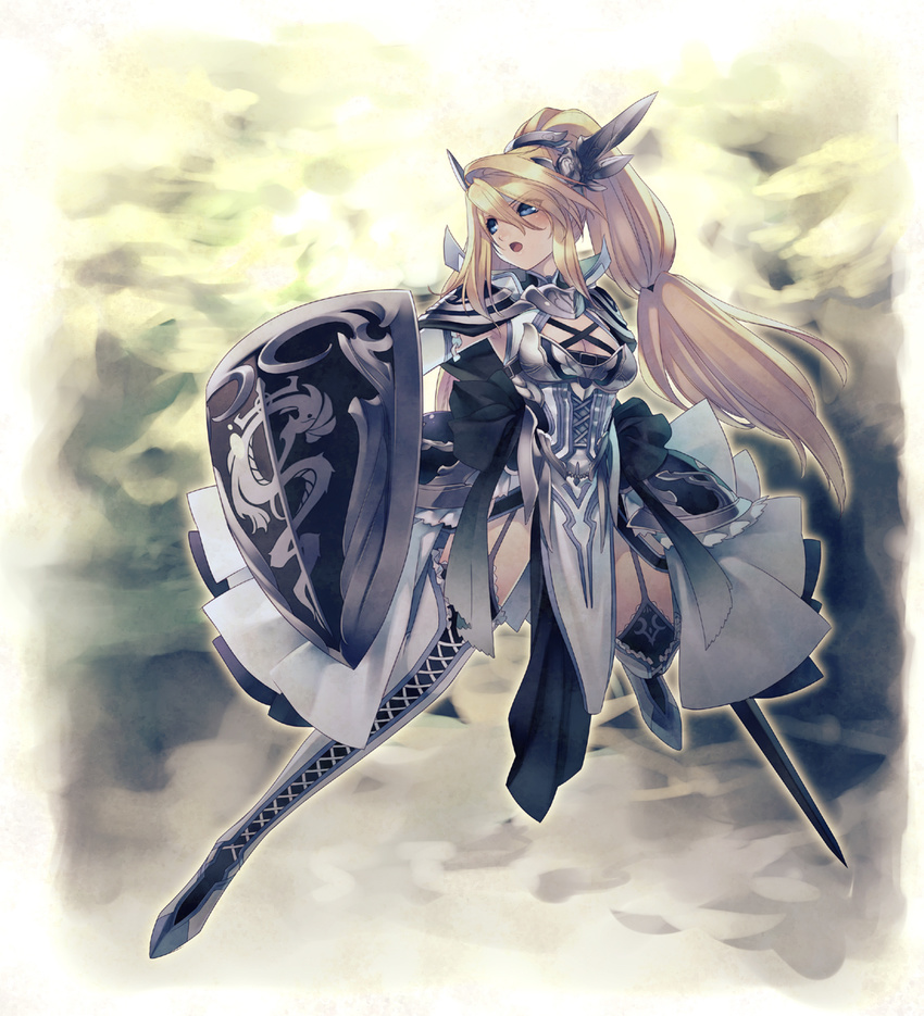armor armored_dress blonde_hair blue_eyes boots border bow breasts cleavage cross-laced_footwear fading_border garter_straps hair_ornament highres hirano_katsuyuki lace-up_boots large_bow long_hair long_ponytail low-tied_long_hair medium_breasts open_mouth original ponytail shield solo sword thigh_boots thighhighs very_long_hair weapon