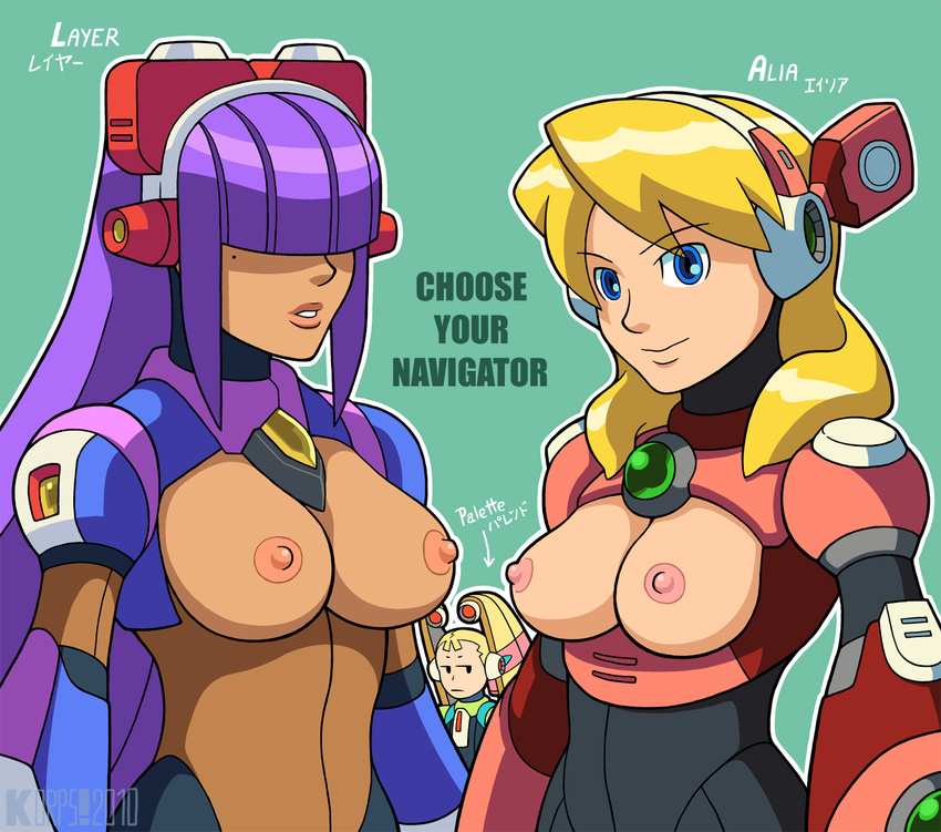 alia_(rockman) android bangs blonde_hair blue_eyes breasts capcom character_name chibuwa_rouran commentary dark_skin hair_over_eyes headgear highres large_breasts layer lips mole mole_under_eye multiple_girls nipples palette_(rockman) purple_hair rockman simple_background smile text_focus