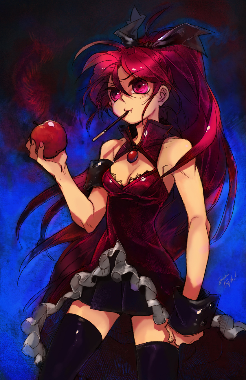 absurdres apple bad_id bad_pixiv_id bow breasts cleavage empew food fruit hair_bow highres holding holding_food holding_fruit long_hair mahou_shoujo_madoka_magica medium_breasts pink_eyes pink_hair pocky ponytail sakura_kyouko solo thighhighs