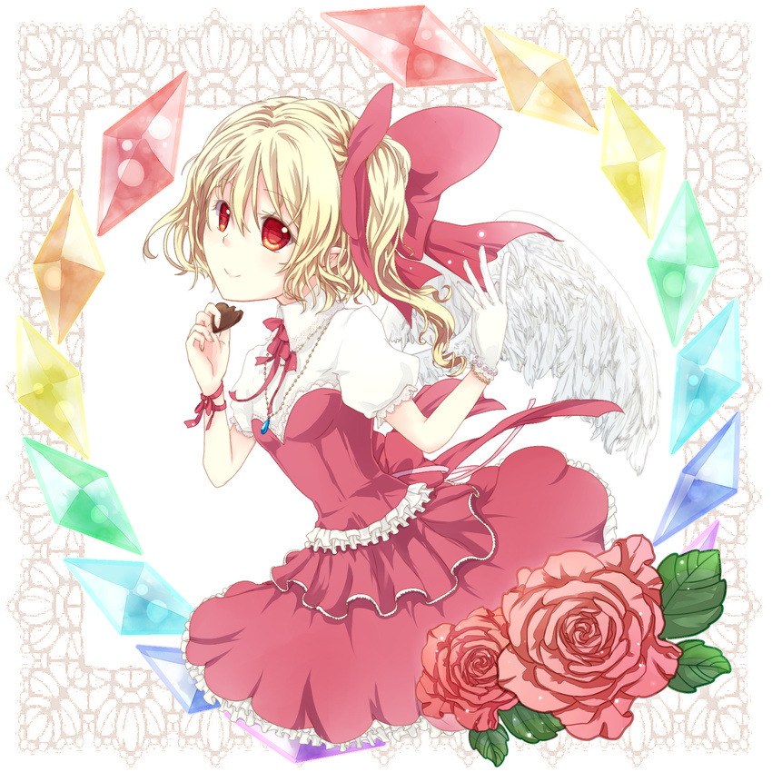 alternate_costume alternate_wings blonde_hair chocolate crystal dress flandre_scarlet flower gloves highres jewelry necklace red_eyes red_flower red_rose ribbon rose side_ponytail solo touhou wings zatsumi