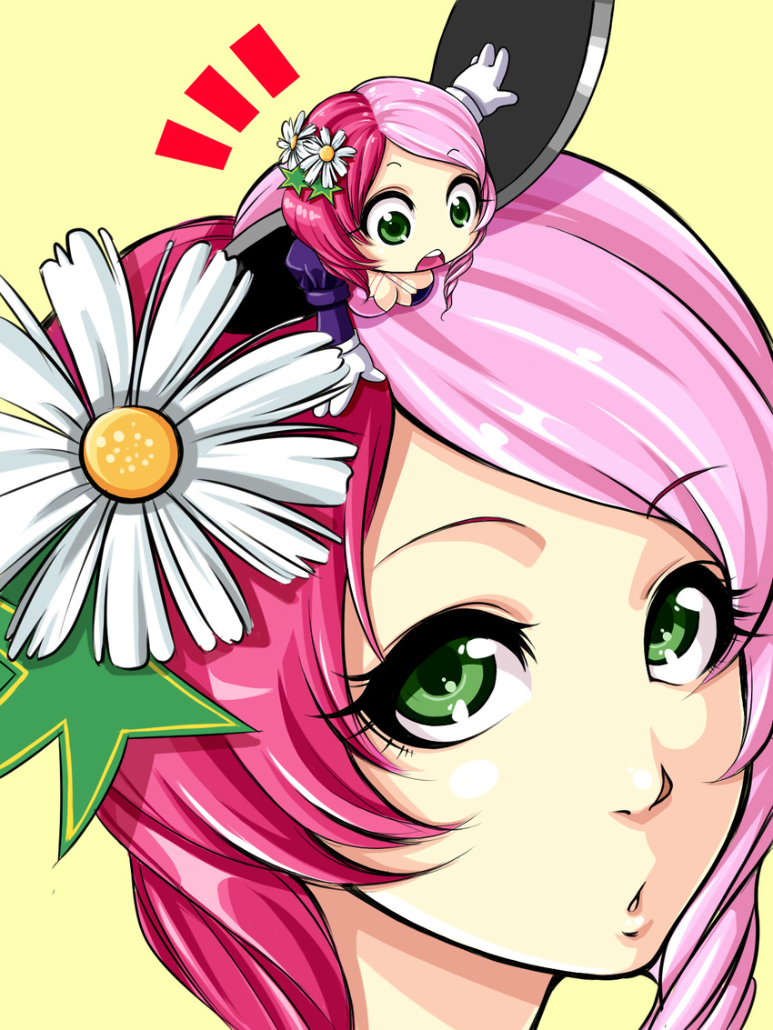 alisa_boskonovich chibi close-up dual_persona face flower green_eyes hair_flower hair_ornament highres multicolored_hair pink_hair pleasure-treasure tekken tekken_6